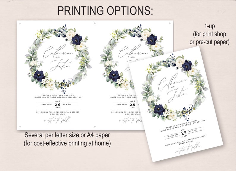 May include: Wedding invitation template featuring a watercolour wreath of white flowers, blue flowers, and green leaves. The text reads "Catherine and Justin" with the wedding date and location. The image shows printing options for 1-up and several per letter size or A4 paper.