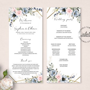 SERENE - Editable Wedding Program Template, Faux Gold Floral Catholic Church Program, Wedding Ceremony Schedule, Blue and Blush Program, W34