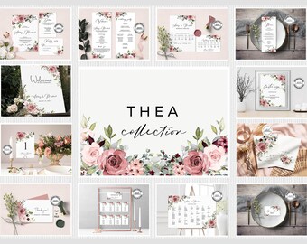 Blush and Maroon Floral Wedding Invitation Collection, Editable Wedding Invite Bundle Templates, INSTANT DOWNLOAD Invitations Suite,  W25
