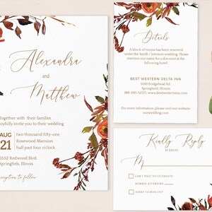May include: Wedding invitation suite with a floral design featuring fall colors like orange, red, and brown. The invitation includes the names Alexandra and Matthew, the date August 21st, and the location Rosewood Mansion. The RSVP card includes the text "Kindly Reply by RSVP".