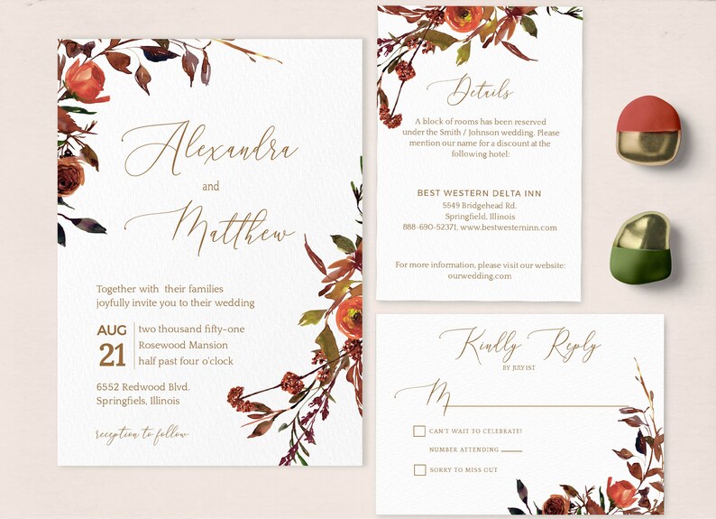 May include: Wedding invitation suite with a floral design featuring fall colors like orange, red, and brown. The invitation includes the names Alexandra and Matthew, the date August 21st, and the location Rosewood Mansion. The RSVP card includes the text "Kindly Reply by RSVP".