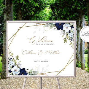 CHLOE - Blue Floral Geometric Welcome Sign Template, Editable Navy and Faux Gold Wedding Welcome Poster, INSTANT DOWNLOAD, Printable, W159