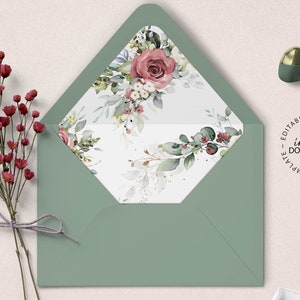KIRA - Floral A7 Wedding Envelope Liner Template Roses, A7 Euro Flap Envelopes Liners, Printable A7 Square Envelope Liners, W02