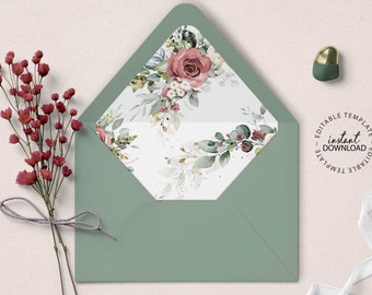 KIRA - Floral A7 Wedding Envelope Liner Template Roses, A7 Euro Flap Envelopes Liners, Printable A7 Square Envelope Liners, W02
