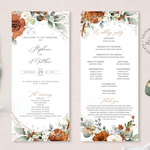 May include: A wedding programme template with a floral design featuring orange and white flowers. The programme includes the wedding ceremony order, wedding party, and a thank you message. The text reads "Welcome to the Wedding of Stephanie and Matthew".
