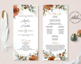 LYRA - Floral Wedding Program Template, INSTANT DOWNLOAD,  Burnt Orange and White Editable Program, Catholic Church Ceremony Order, W179