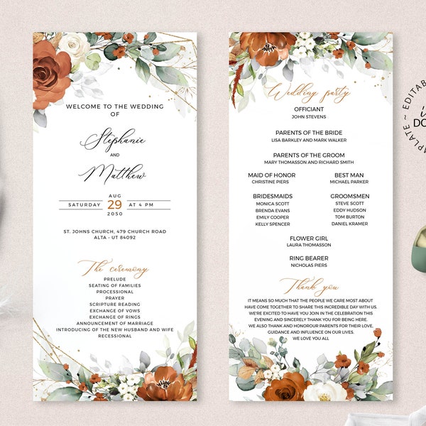 LYRA - Floral Wedding Program Template, INSTANT DOWNLOAD,  Burnt Orange and White Editable Program, Catholic Church Ceremony Order, W179