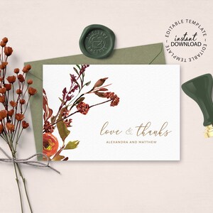 Editable Thank You Card Template, INSTANT DOWNLOAD, Fall Floral Wedding Thank You Cards, Fold or Flat Greetings Card, W98