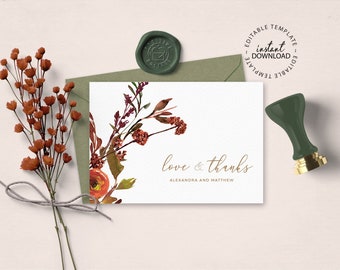 Editable Thank You Card Template, INSTANT DOWNLOAD, Fall Floral Wedding Thank You Cards, Fold or Flat Greetings Card, W98