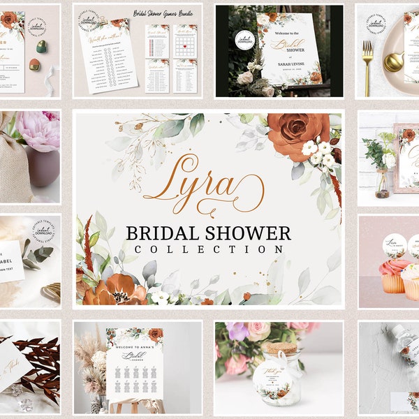 LYRA - Bridal Shower Invitation Bundle, Editable Burnt Orange Bridal Shower Invite set, INSTANT DOWNLOAD, Bridal Shower Collection, W179