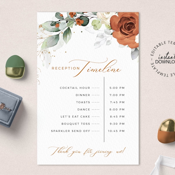 LYRA - Orange Floral Reception Timeline Card, Editable Wedding Reception Schedule Template, Wedding Day Itinerary, INSTANT DOWNLOAD, W179