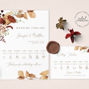 SCARLETT - Fall Floral Wedding Timeline Card with Icons, Editable Wedding Reception Schedule Template, Printable Rust Orange Itinerary, W89