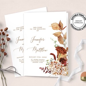 May include: Editable wedding program template with a floral design featuring dried leaves, flowers, and berries in shades of brown, red, and white. The text reads "Welcome to the Wedding of Jennifer and Matthew" and includes the date and location of the wedding.