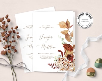 May include: Editable wedding program template with a floral design featuring dried leaves, flowers, and berries in shades of brown, red, and white. The text reads "Welcome to the Wedding of Jennifer and Matthew" and includes the date and location of the wedding.