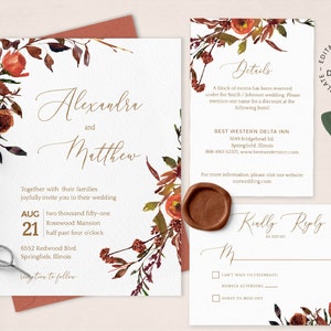 Wild Flowers Wedding Invitation Suite, Editable Template, Fall Wedding Invite, Burnt Orange and Rust Floral Invitation, W98