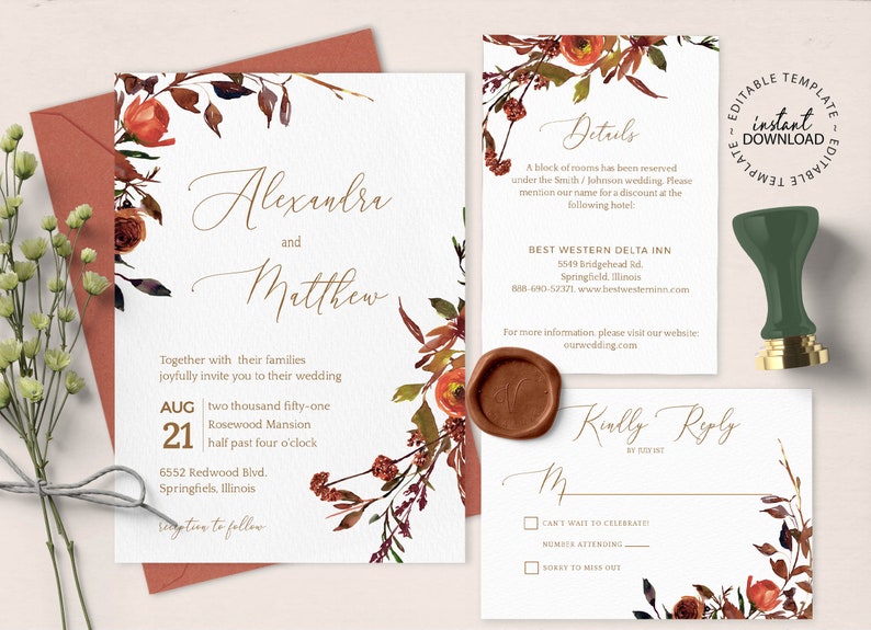 May include: Fall wedding invitation suite with a floral design featuring orange and red flowers and leaves. The invitation includes the names Alexandra and Matthew, the date August 21st, the time 4:00 PM, and the location Rosewood Mansion. The RSVP card includes the text "Kindly Reply by [date]" and options for guests to indicate their attendance. The details card includes the hotel information for the Best Western Delta Inn.