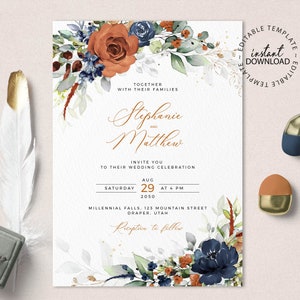 SIA - Editable Burnt Orange and Blue Wedding Invitation Template, INSTANT DOWNLOAD, Orange Floral Wedding Invite, Blue Flowers Invites, W208