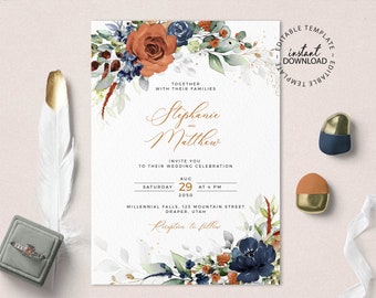 SIA - Editable Burnt Orange and Blue Wedding Invitation Template, INSTANT DOWNLOAD, Orange Floral Wedding Invite, Blue Flowers Invites, W208