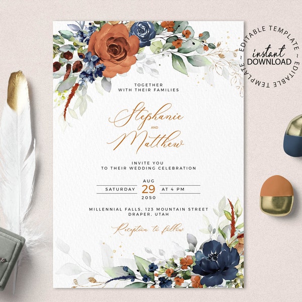 SIA - Editable Burnt Orange and Blue Wedding Invitation Template, INSTANT DOWNLOAD, Orange Floral Wedding Invite, Blue Flowers Invites, W208