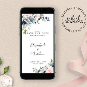 SERENE - Plantilla floral digital para guardar la fecha, tarjeta electrónica para teléfono inteligente azul y rosa para guardar la fecha, descarga instantánea, W34