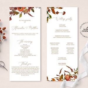 Peut inclure: Un modèle de programme de cérémonie de mariage imprimable avec un design floral aquarelle dans des tons d'orange, de brun et de vert. Le programme comprend la fête de mariage, les détails de la cérémonie et un message de remerciement. Le texte est en police dorée.