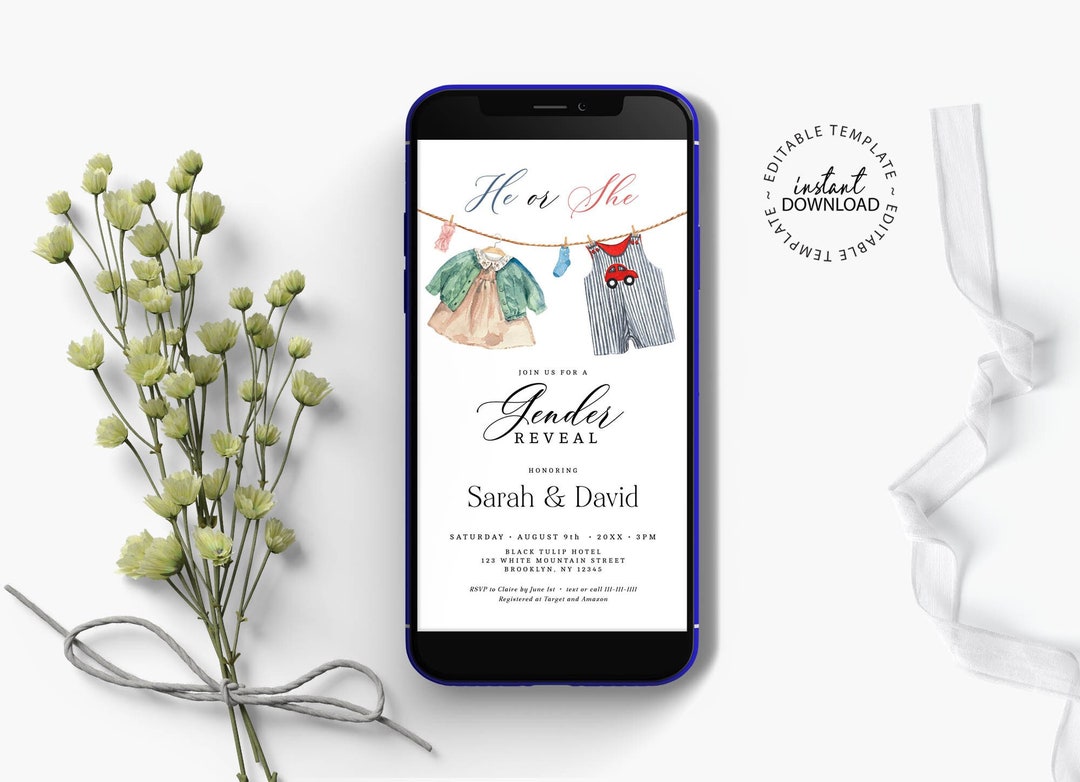 Editable Baby Shower Digital Invitation Gender Reveal Baby Etsy