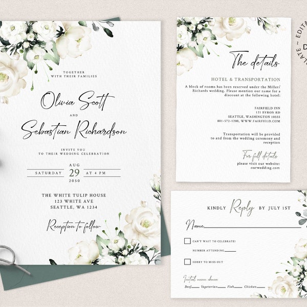 Editable Wedding Invitation Set with White Flowers, INSTANT DOWNLOAD, White Floral Invites, Rsvp and Details Card, Printable, W119