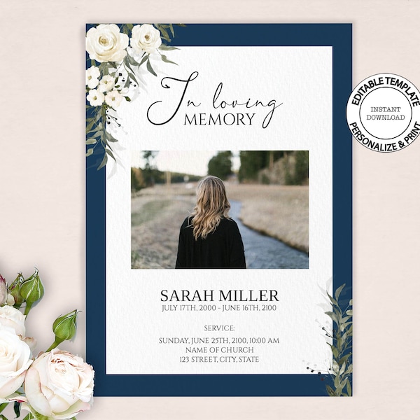 Editable funeral card template, INSTANT DOWNLOAD, Floral obituary cards, 5x7 inches, White roses obituary template for women, F181