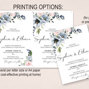 May include: Wedding invitation template with a watercolor floral design in shades of blue and pink. The text reads "Sophia & Ethan" and includes details about the wedding date, time, and location. The invitation offers printing options for 1-up or several per letter size or A4 paper.