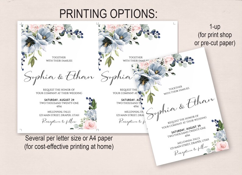 May include: Wedding invitation template with a watercolor floral design in shades of blue and pink. The text reads "Sophia & Ethan" and includes details about the wedding date, time, and location. The invitation offers printing options for 1-up or several per letter size or A4 paper.