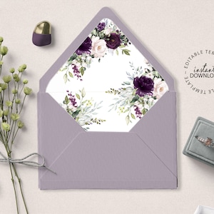 ELLIE - Purple Floral Wedding Envelope Liners, Editable Template, INSTANT DOWNLOAD, A7 Euro Flap Envelope Liner, Printable, W129