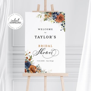 SIA - Burnt Orange and Blue Bridal Shower Welcome Sign, INSTANT DOWNLOAD, Terracotta Floral Welcome Poster, Editable Welcome Signs, W208