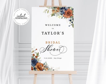 SIA - Burnt Orange and Blue Bridal Shower Welcome Sign, INSTANT DOWNLOAD, Terracotta Floral Welcome Poster, Editable Welcome Signs, W208