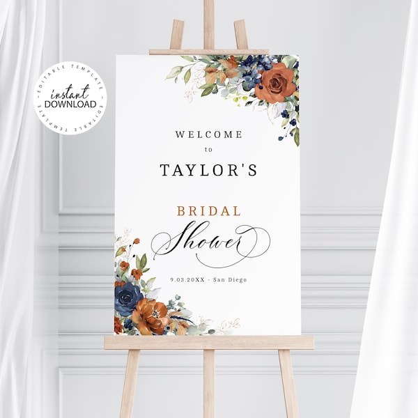 SIA - Burnt Orange and Blue Bridal Shower Welcome Sign, INSTANT DOWNLOAD, Terracotta Floral Welcome Poster, Editable Welcome Signs, W208