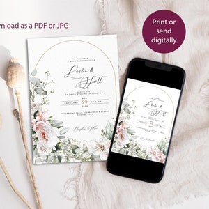 May include: A wedding invitation with a floral design in shades of pink and green. The invitation features a gold circle with the names "Loden & Scott" and the wedding date. The text "Print or send digitally" is visible in the upper right corner.