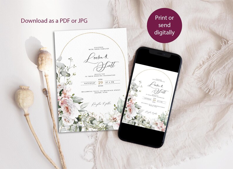 May include: A wedding invitation with a floral design in shades of pink and green. The invitation features a gold circle with the names "Loden & Scott" and the wedding date. The text "Print or send digitally" is visible in the upper right corner.