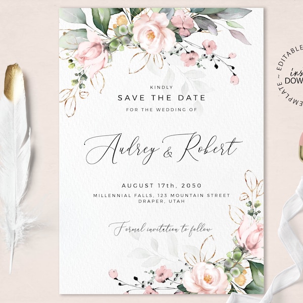 MILA - Pale Rose Floral Save the Date Template, Editable Blush Roses Save the Date, INSTANT DOWNLOAD, Pink and Faux Gold Save the Date, W124