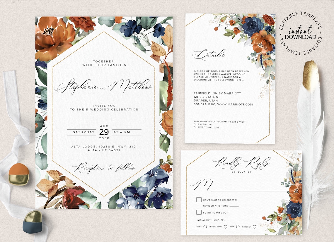 Blue and Burnt Orange Wedding Invitation Set INSTANT image 1