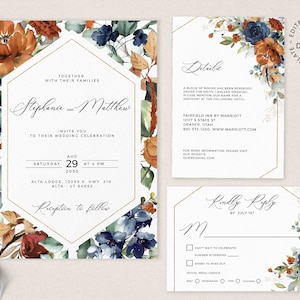 SIA - Blue and Burnt Orange Wedding Invitation Set, INSTANT DOWNLOAD, Editable Fall Floral Invite, Rsvp and Details Card, Navy Invites, W208