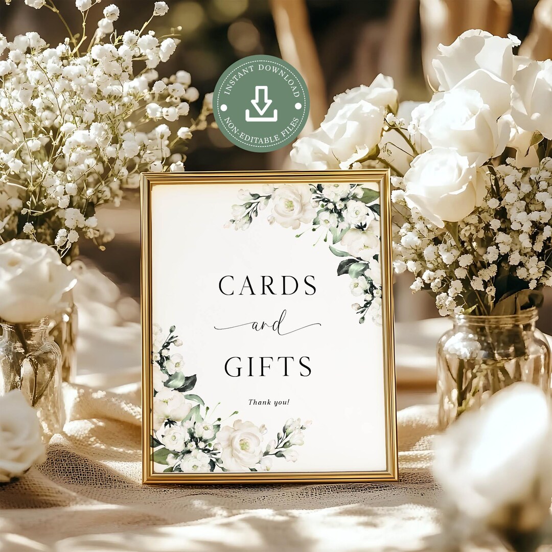 Printable Wedding Cards & Gifts Sign: White Floral Wedding or Bridal ...
