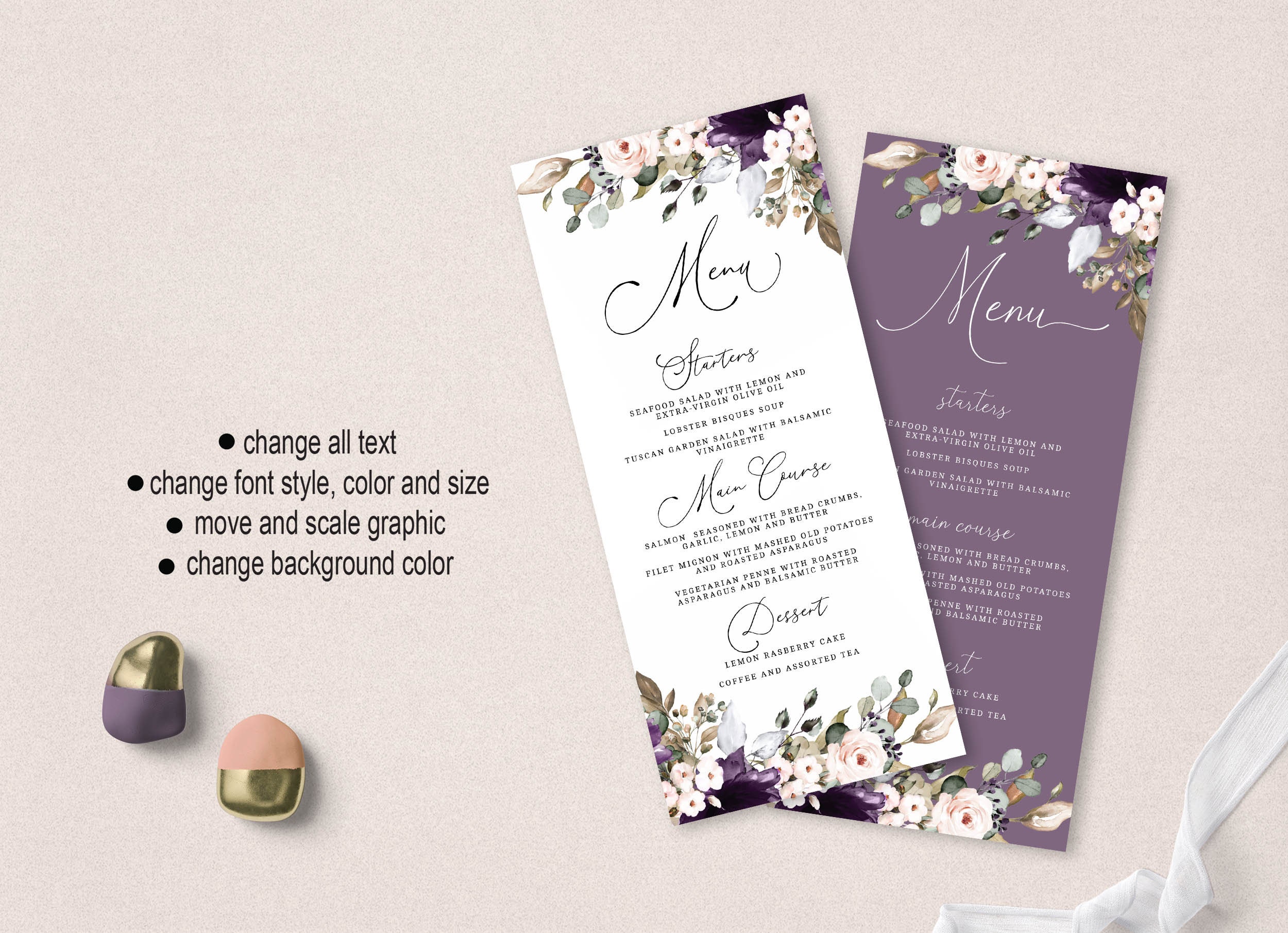 Purple and Pale Rose Floral Menu Template, Editable Wedding Table Menus ...