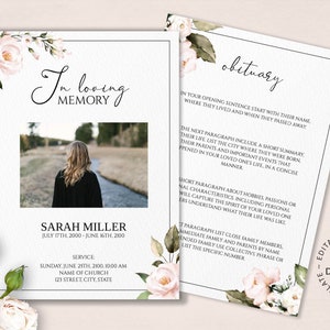 Editable funeral card template, INSTANT DOWNLOAD, Floral obituary cards, 5x7 inches, Roses obituary template for women, F176A