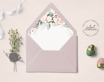 MILA - Floral A7 Wedding Envelope Liner Template with Pink Roses, A7 Euro Flap Envelopes Liners, Printable A7 Square Envelope Liner, W124