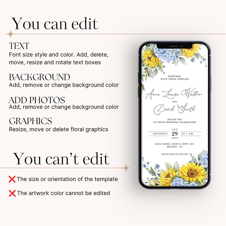 Editable Digital Wedding Invitation Template, Smartphone Electronic ...
