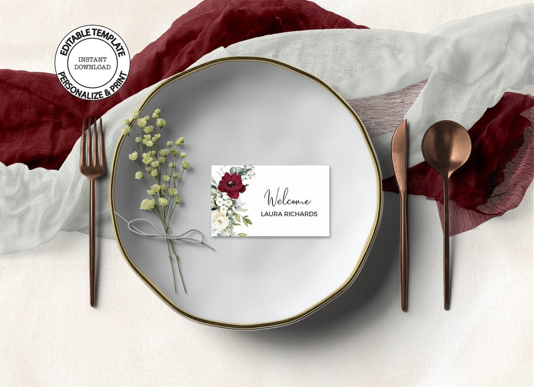Editable Place Cards Template, INSTANT DOWNLOAD, White and Red Floral ...