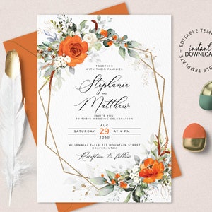 Editable Floral Wedding Invitation Template, INSTANT DOWNLOAD, Orange and White Wedding Invite, Faux Gold Hexagon Invites,  W230