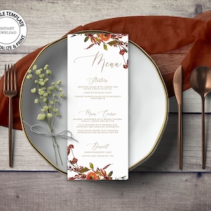 Fall Wedding Editable Menu Template, INSTANT DOWNLOAD, Burnt Orange Floral Table Menu, Rust Flowers Festive Dinner Menu, W98