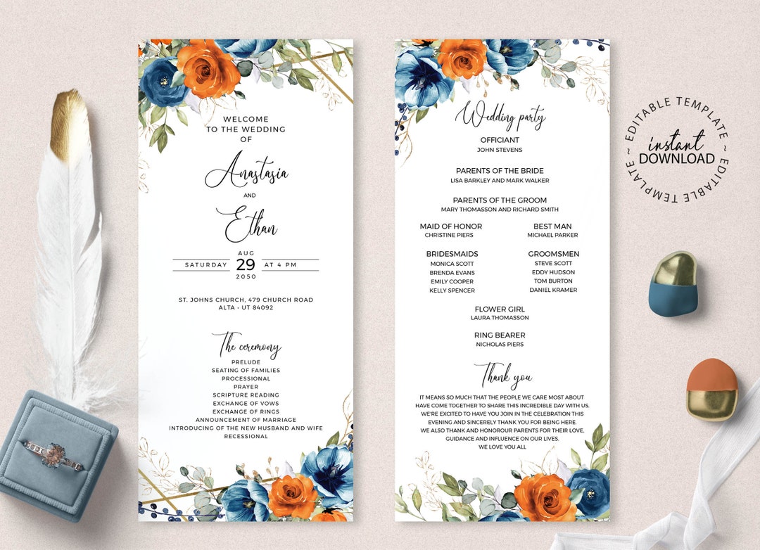Editable Floral Wedding Program Template, Blue and Orange Catholic ...