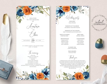 May include: Wedding program featuring the names Anastasia and Ethan, with details for August 29, 2050. The design includes navy blue and orange floral accents. The program lists the wedding party, ceremony details, and a thank you message.