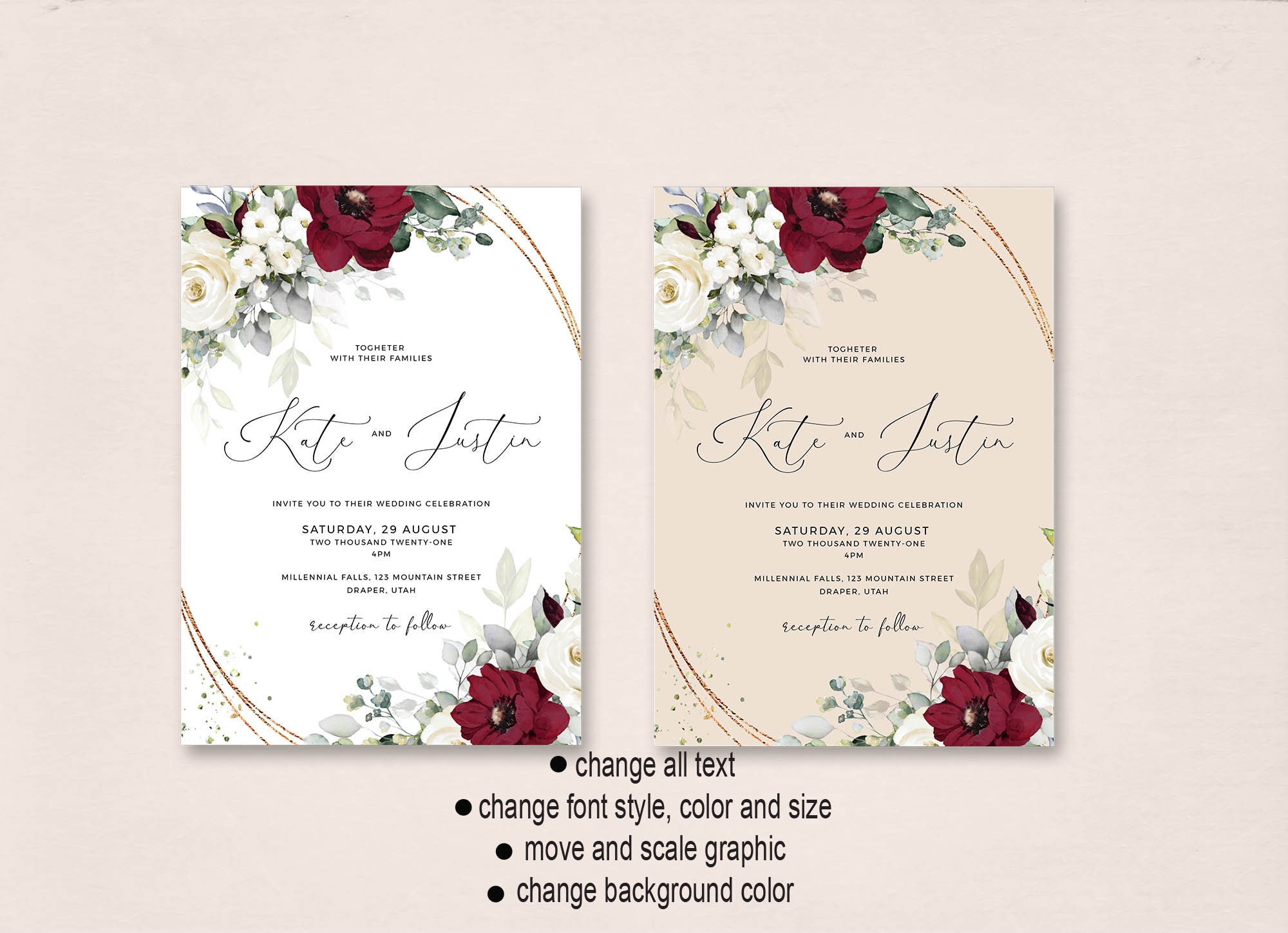 Red and White Floral Wedding Invitation Suite, Editable Template ...